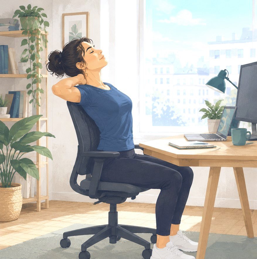 Illustrazione: una donna alla scrivania di casa si allunga sulla sedia