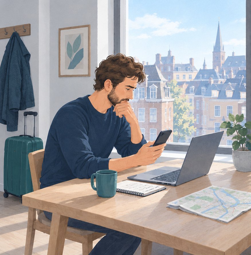 Illustrazione: un ragazzo in un appartamento all'estero cerca un fisioterapista sul telefono