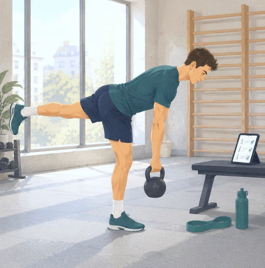 Illustrazione: uno sportivo in palestra fa un esercizio su una gamba con il kettlebell, seguendo il programma sul tablet