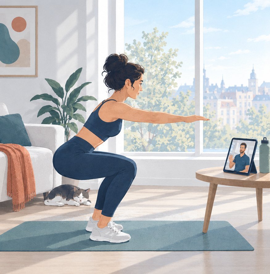 Illustrazione: una donna nel salotto di casa fa uno squat seguita in videochiamata sul tablet